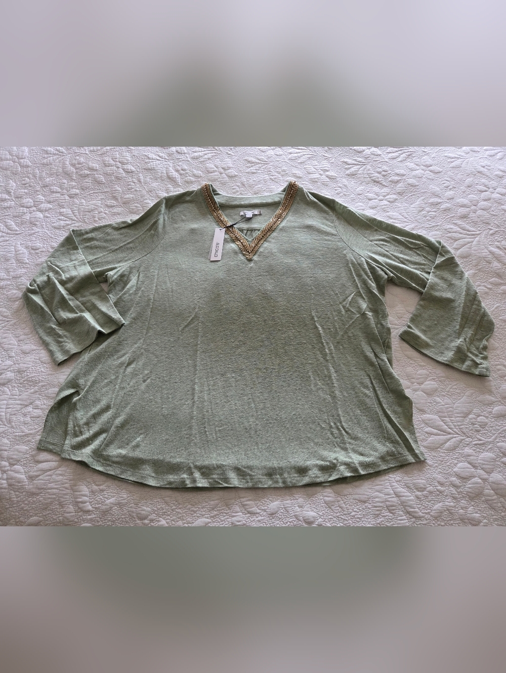Chico's Sage Green Linen V-Neck Tunic with Gold Beaded Embellished Trim